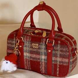 南风Chio2nd 红色呢格枕头包包女2023新款秋冬季手提包单肩斜挎包