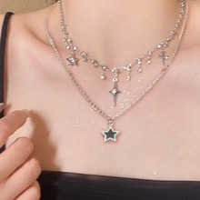 跨境新款五角星星芒流苏项链2件套双层叠戴风简约ins轻奢气质项链