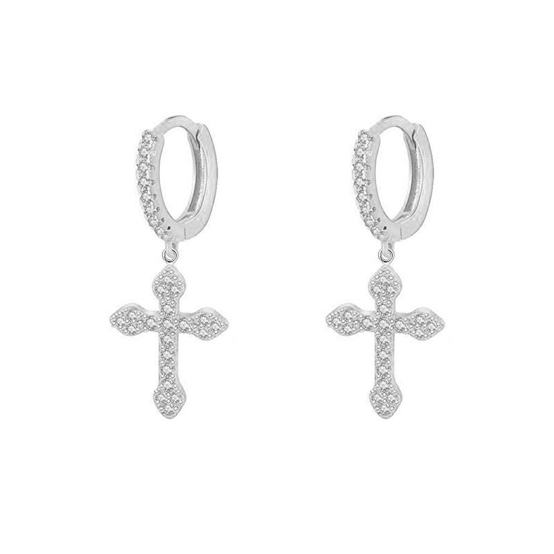 Daily Occasion Copper Material New Style Copper Inlaid Zircon Gold Plated Cross Pendant Earrings