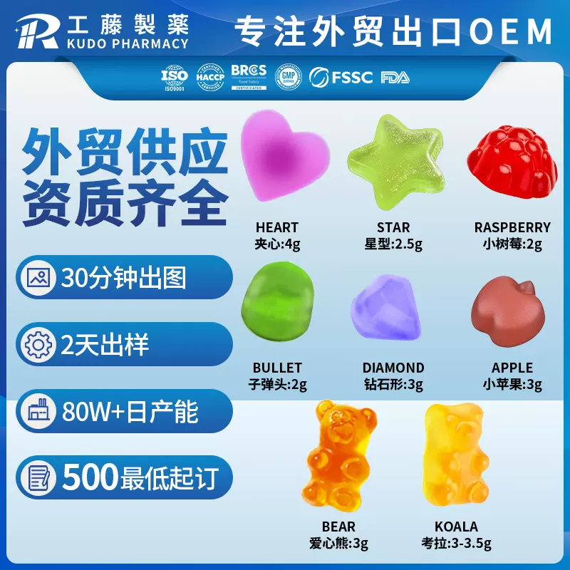 跨境外贸软糖定制OEM代工瓶装袋装 膳食补充剂gummies功能性软糖