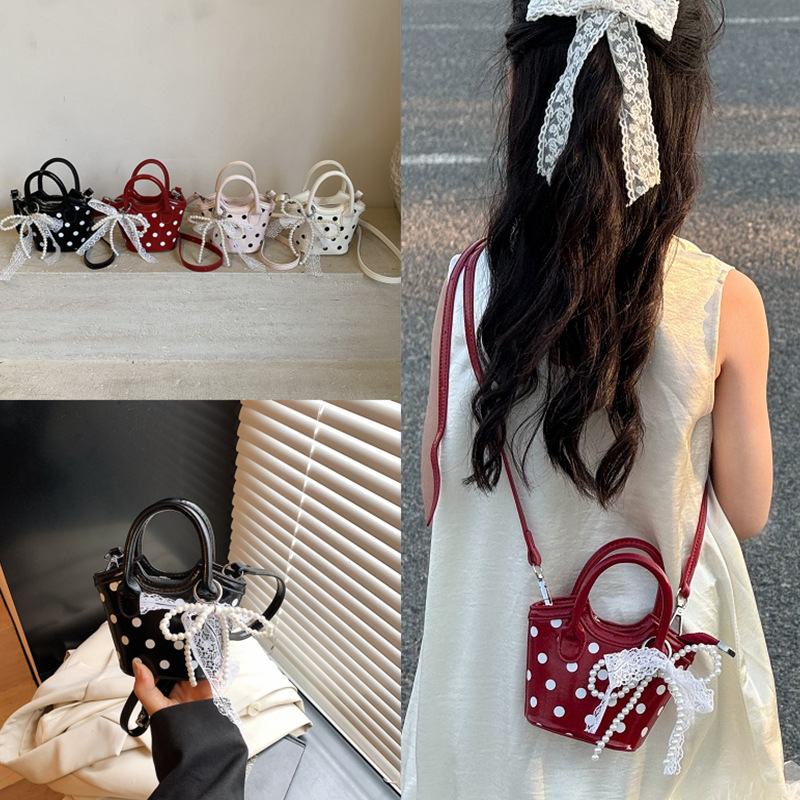 Children's Bag Summer New Cute Polka Dot Print Bucket Bag Patent Leather Glossy Girls Hand Bag Lipstick Crossbody Bag