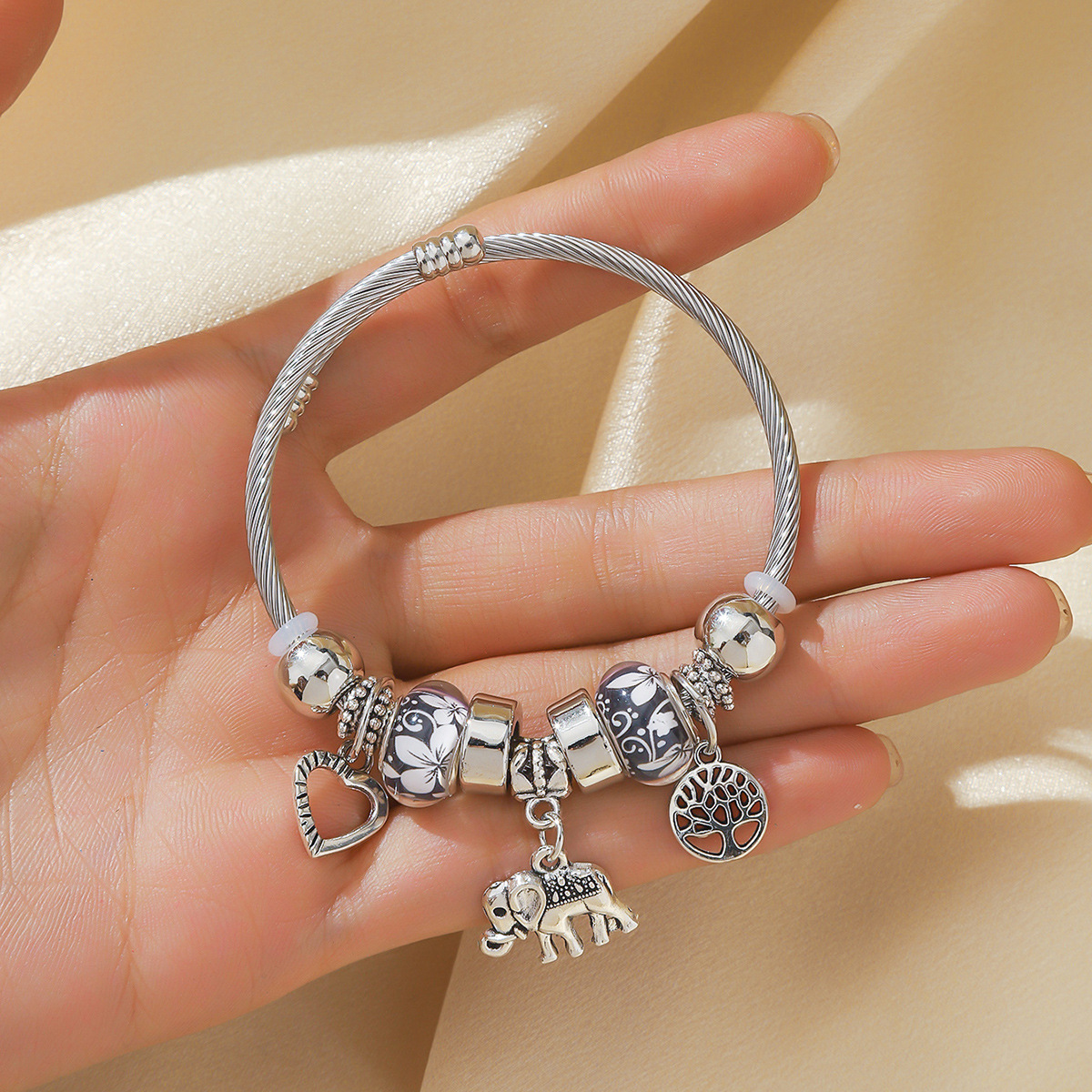 Europa y América nuevo estilo Panjia elefante melocotón corazón Árbol de la vida colgante pulsera de aleación de Corea pulsera de metal de cristal para las mujeres