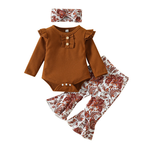 Set of baby and children's onesies and long pants for autumn , European and American girls' solid color onesies and bell-bottom pants set