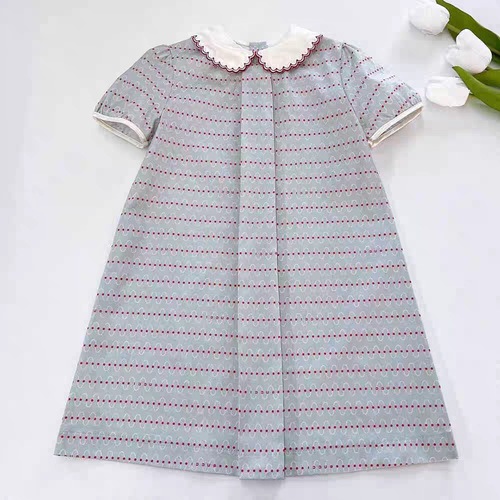 Girls' Italian polka dot curved print collar light blue short sleeve dress summer college style short skirt children's clothing