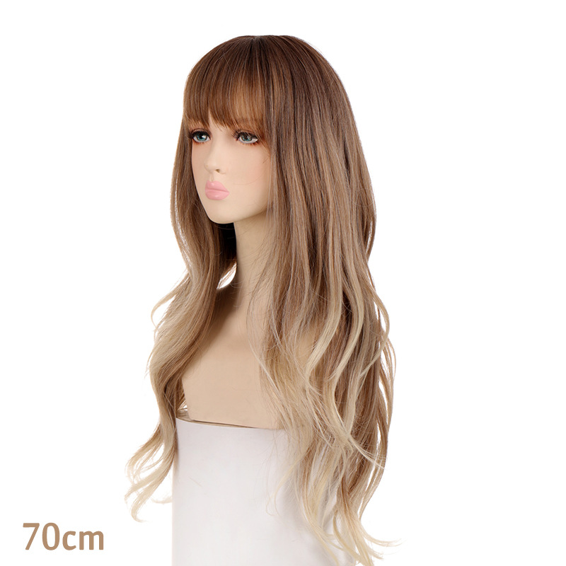 Synthetische Perücke für Damen, langes lockiges Haar mit Farbverlaufsfärbung auf dem Kopf, großes Wellen-Stirnband, Hochtemperatur-Seiden-Rosennetz_voghion.com