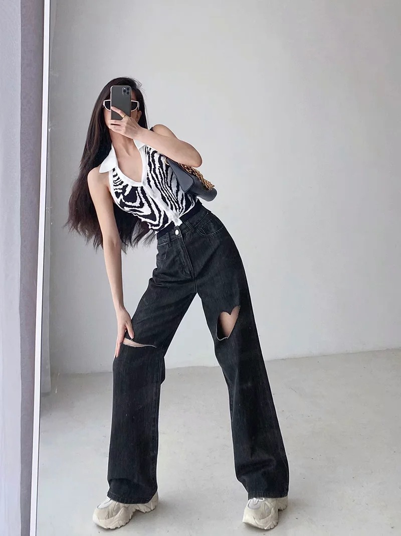 High Waist Hole Loose Wide Leg Washed Retro Straight Mopping Jeans NSAC63134