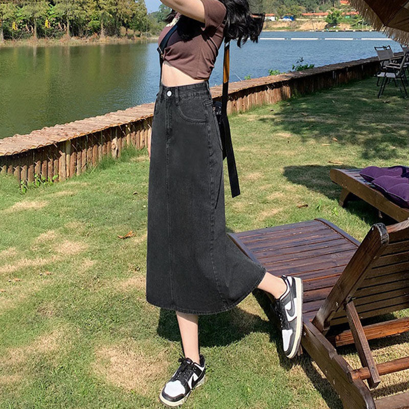 High-grade mid-length skirt high waist slimming A- line skirt 2024 new vintage blue Denim split skirt High-grade mid-length skirt high waist slimming A- line skirt 2024 new vintage blue Denim split skirt