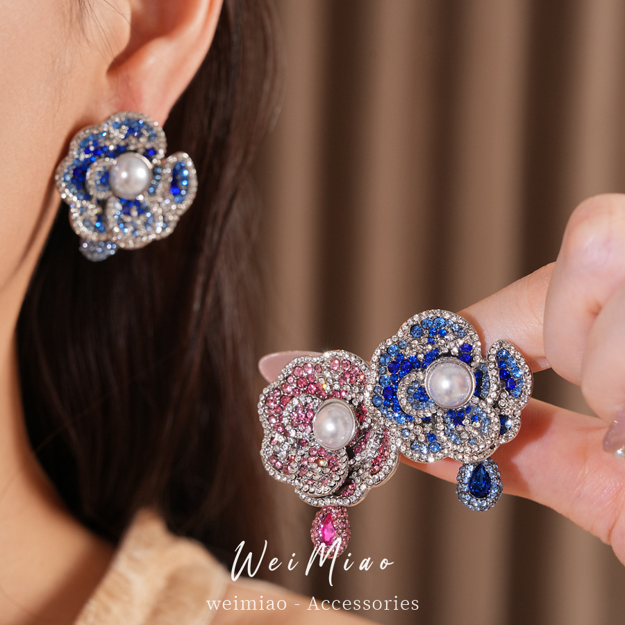 Medieval vintage aguja de plata con diamantes flores perlas pendientes exquisitos pendientes de estilo retro lujo ligero alta sensación de pendientes image 3