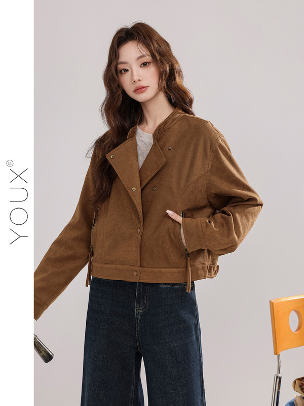 又巷【梧桐叶落】麂皮绒外套女2025秋季新款复古美拉德风夹克上衣|undefined