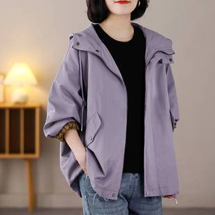 Popular Hooded Windbreaker Women's Literary Versatile Korean Style Large Size Loose Slimming Look 2025 Spring Spring Long-Sleeved Casual Jacket