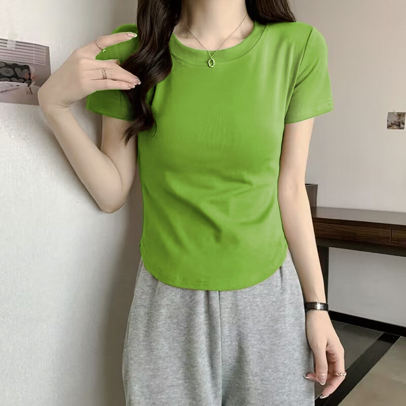 Threaded Cotton Short-sleeved Front Shoulder Crew Neck Solid Color T-shirt Women's Summer Hem Irregular Slim Versatile Top Basic_ecoleips.com