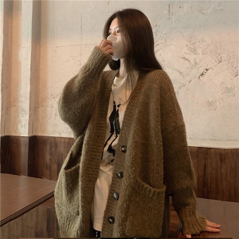 2024 otoño y invierno nuevo estilo coreano suelto vestido exterior de punto Cardigan mujeres perezosas de viento medio largo suave abrigo de suéter glutinoso