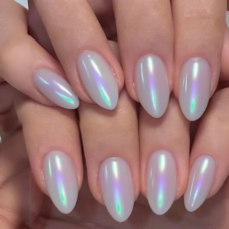 24 Pieces of Oval Pearlescent White Uv-Coated Colorful Iridescent Press-On Nails Nail Art Stickers