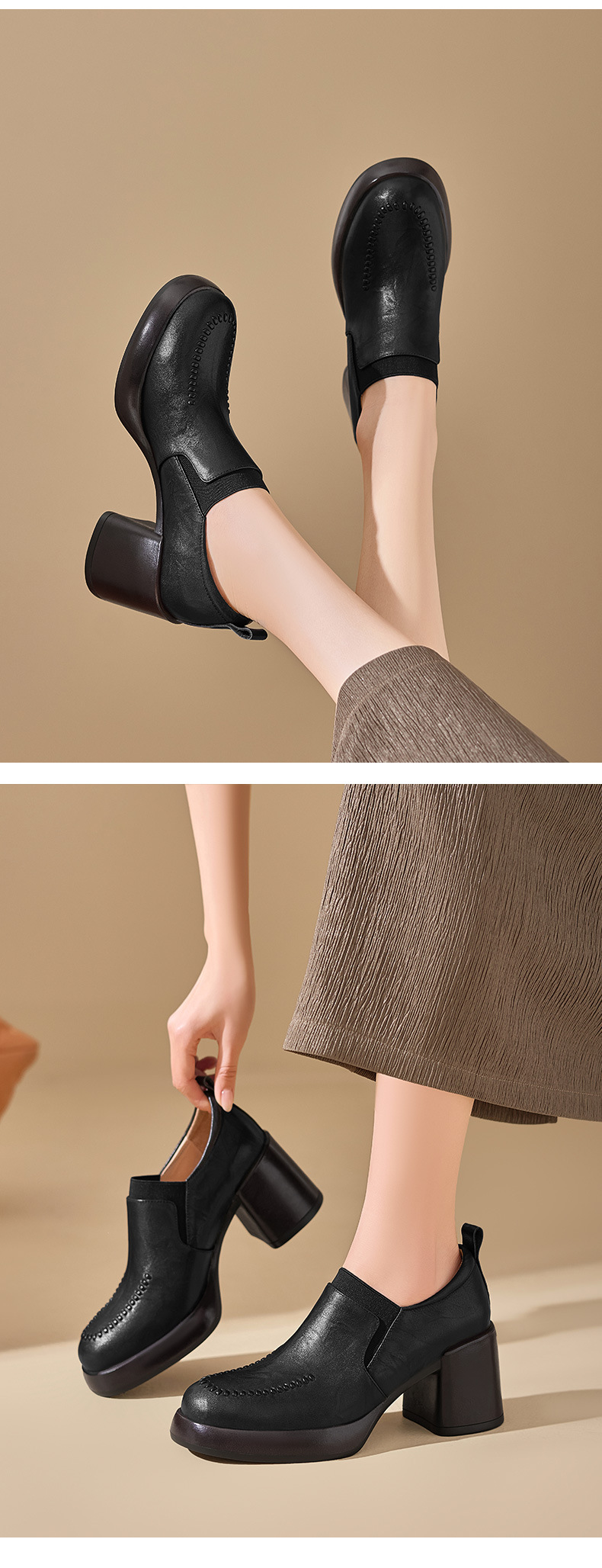 Giày loafer nữ da bò thật đế dày gót vuông 7 cm, miệng sâu, phong cách đơn giản — màu nâu chi tiết 5