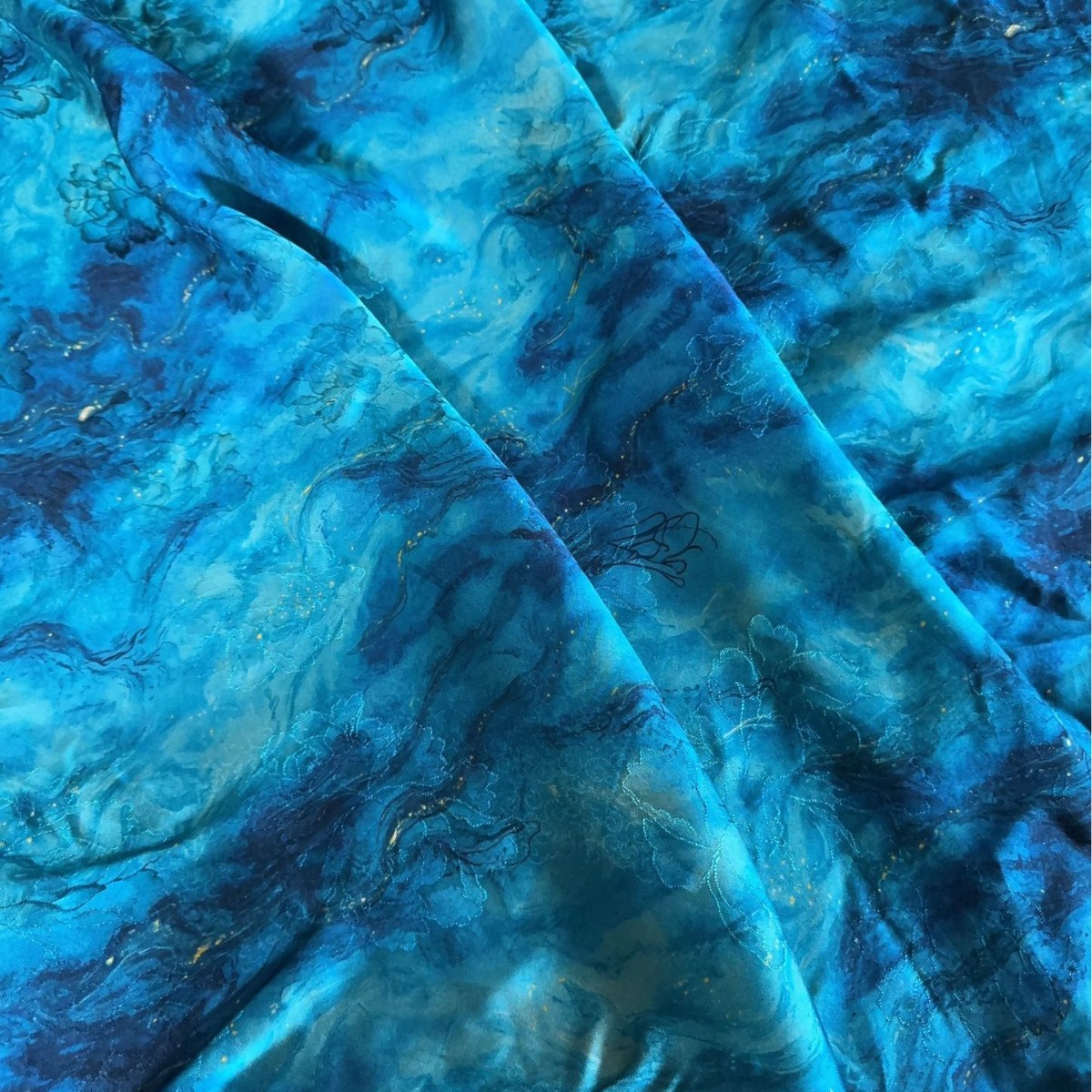 香云纱深蓝牡丹水墨提花面料 全人丝国风旗袍马甲连衣裙服装面料