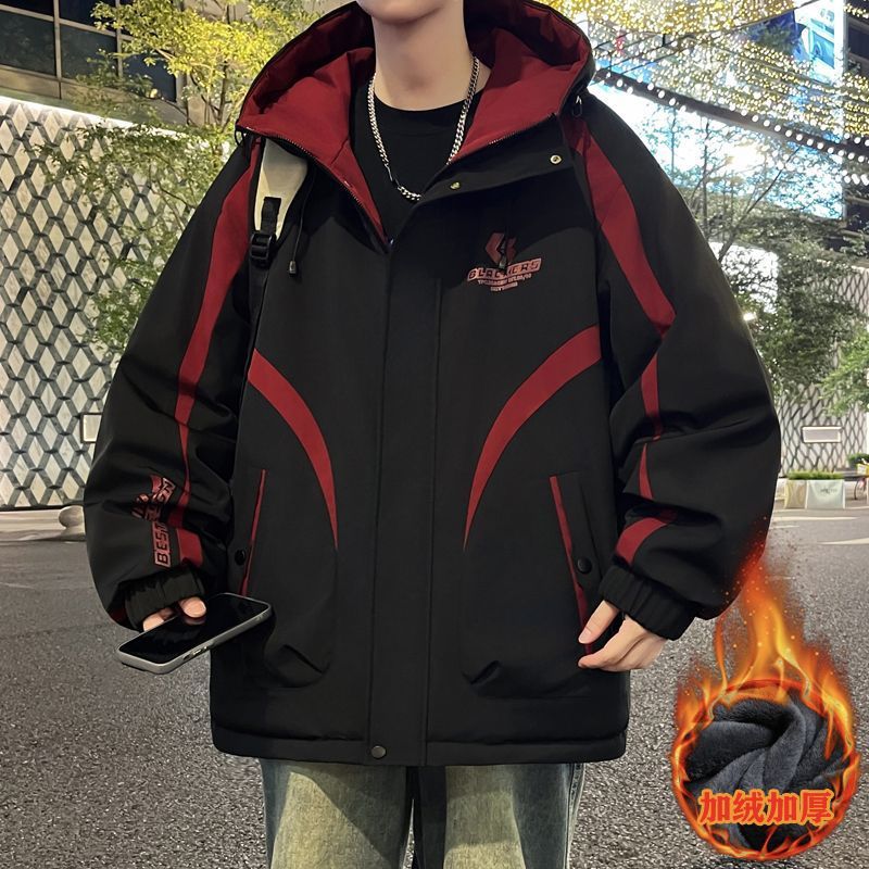 学生秋冬季连帽宽松加绒加厚保暖夹克男生外套潮流青少年防寒冬装