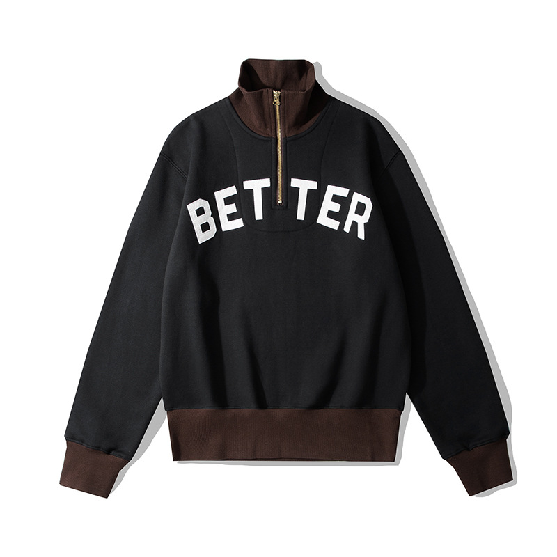 OKONKWO heavy color matching media cremallera solapa suéter engrosada bordado medio pecho cremallera cuello alto suéter