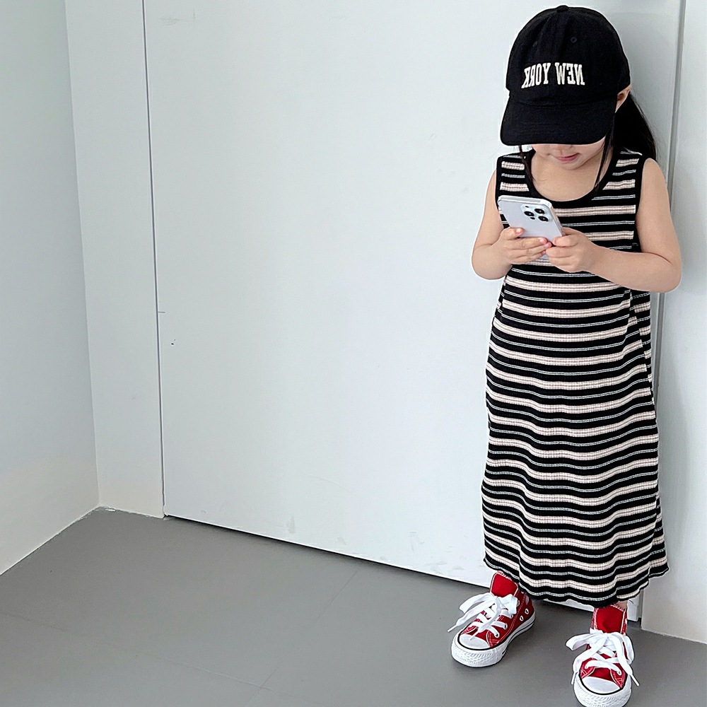 Girls' Summer Dress dress Baby Online Popular Foreign Style Children's Personalized Fashionable Brand Korean Style Contrast Color Striped Princess Vests Dress