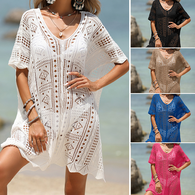 Summer cross-border European and American holiday sexy hollow texture deep V loose pullover bikini sunscreen beach blouse clothing