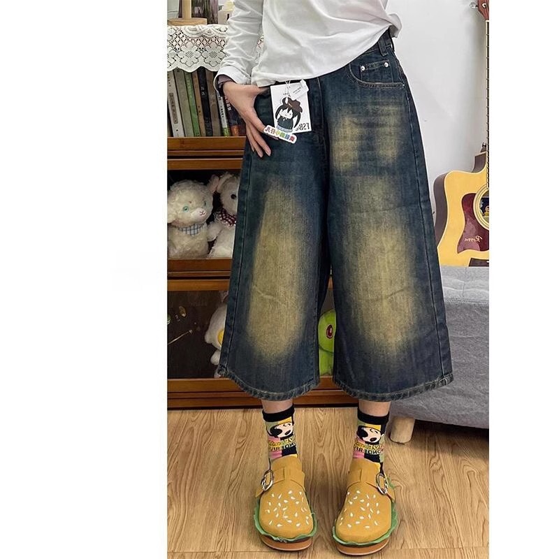 Plus Size 100kg American Retro High-Waisted Wide-Leg Denim Shorts for Men and Women Summer New Loose Three-Point Pants