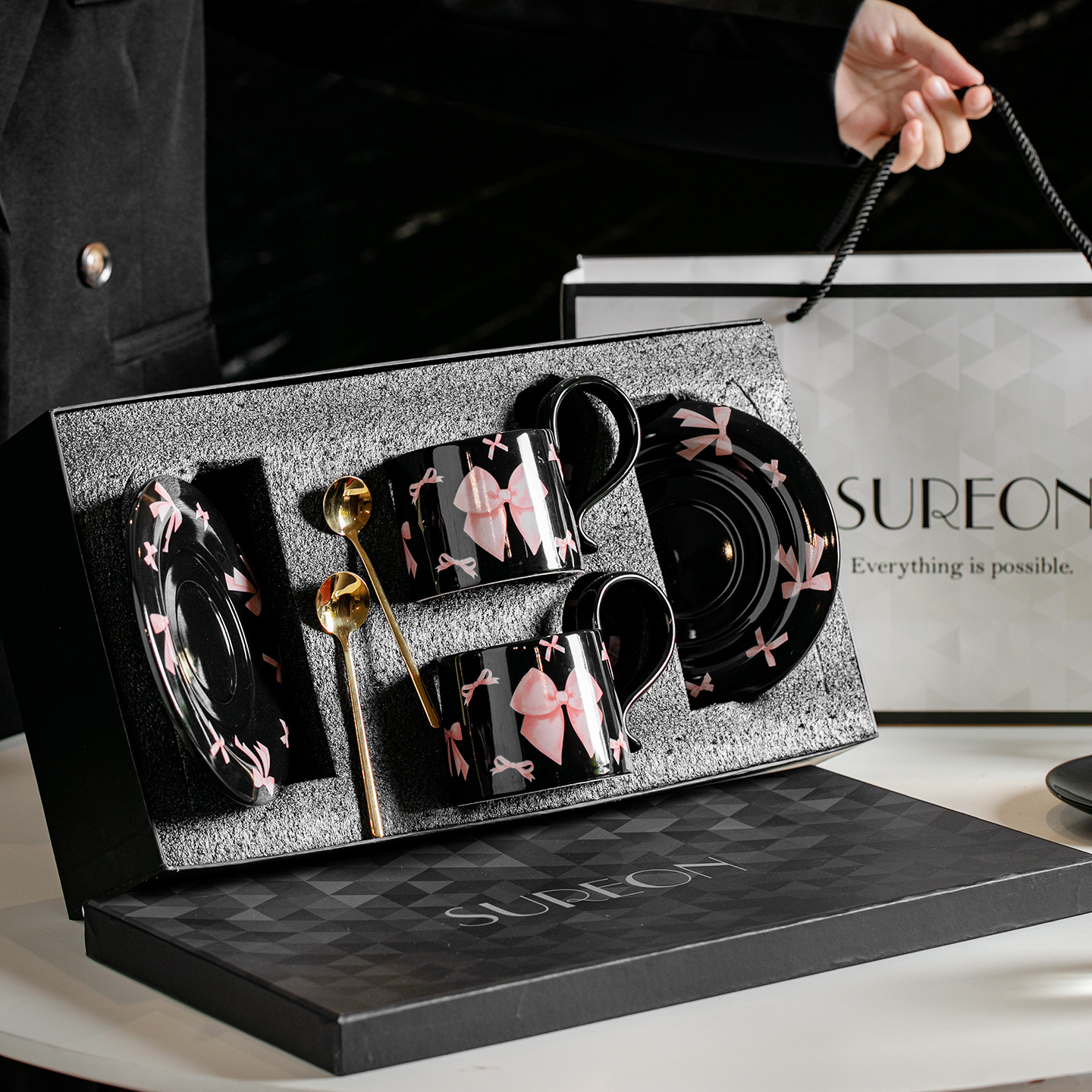 Amor arco taza de café y plato conjunto de caja de regalo para la casa de bodas regalo de regalo de cumpleaños té de la tarde