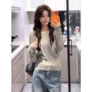 韩系慵懒风蝙蝠袖绑带V领针织衫女新款收腰显瘦纯色百搭上衣