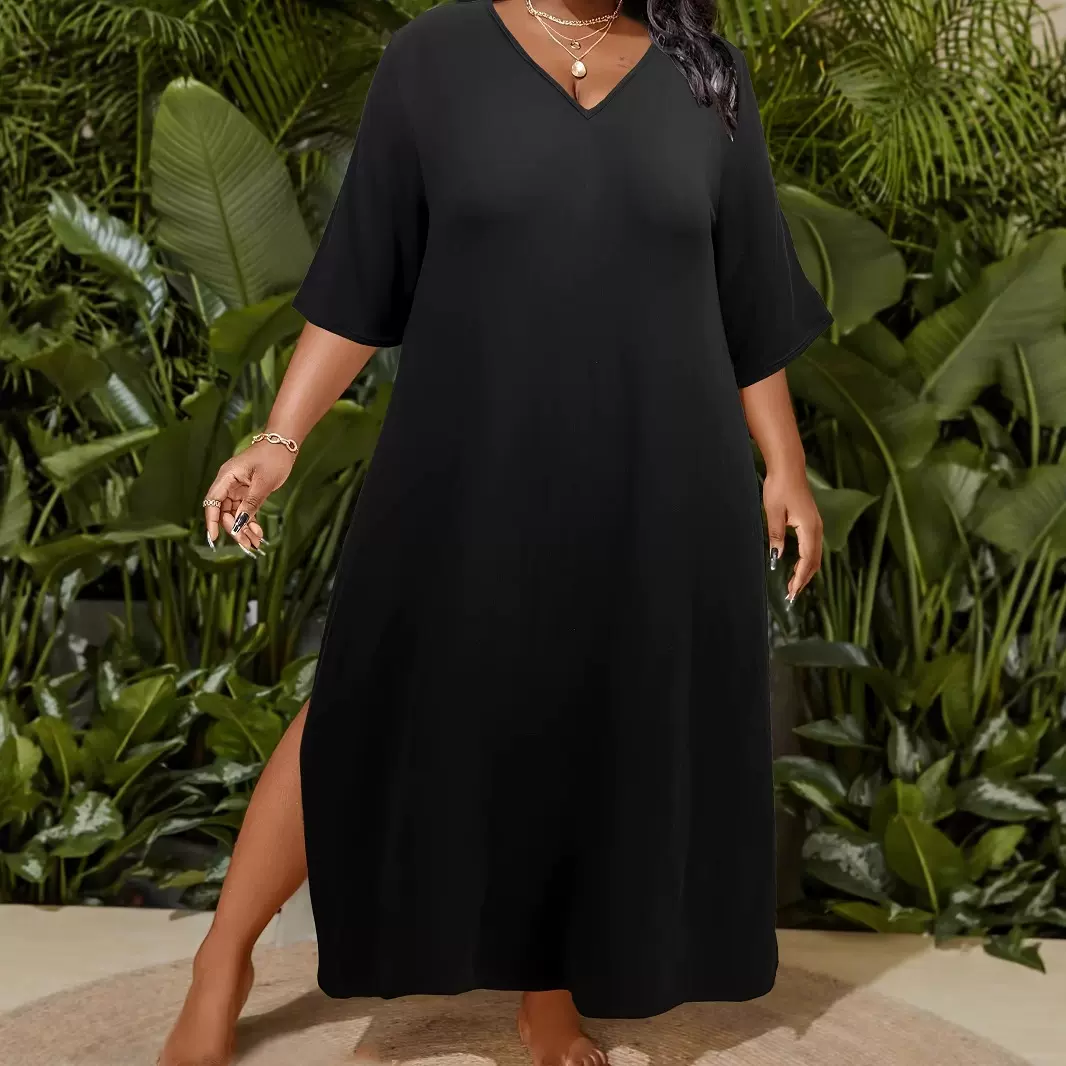 欧美大码女装纯色侧开衩连衣裙