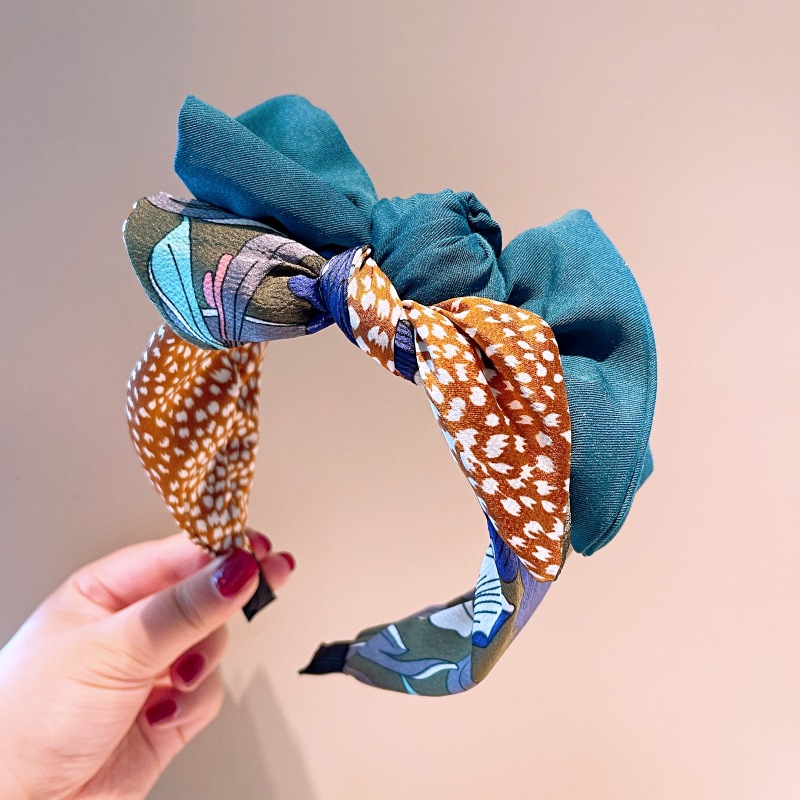 130g Weight Headwear Classification Travel, Festival Occasion Bow Knot Pattern Women'S Gender Retro Style Khaki, Green, Black Color Korean Style Printed Splicing Bows Headband Wholesale Nihaojewelry 12