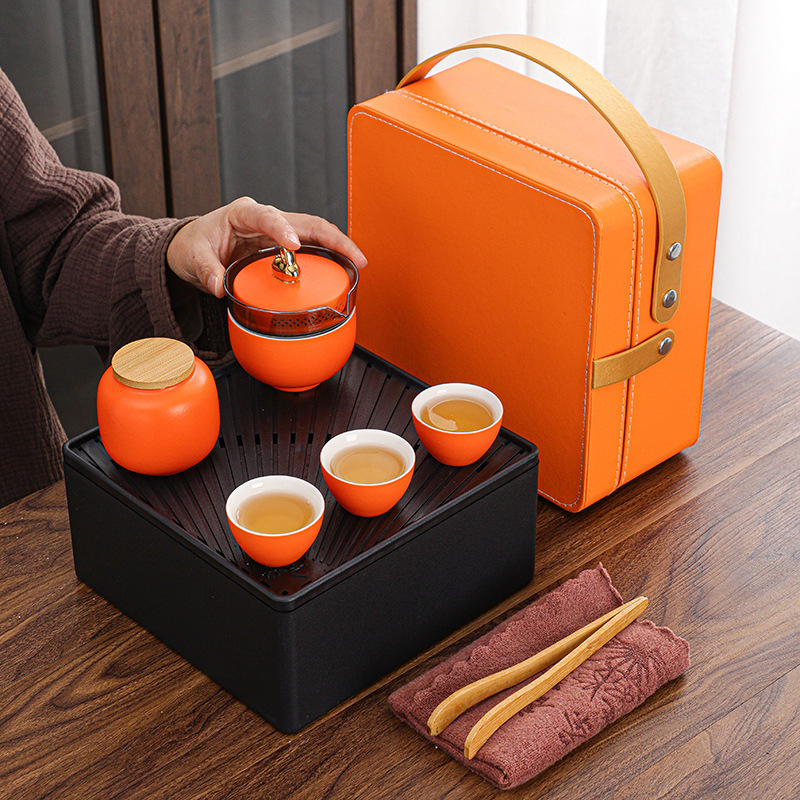 Rustic Ceramic Travel Tea Set Portable Jade Rabbit Quick Tea Cup Storage Box Business Gift Wholesale Customizable with Logo
