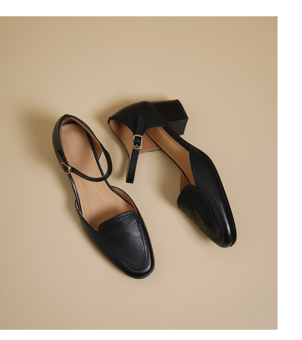 Giày sandal cao gót nữ quai ngang mũi vuông gót 5 cm kiểu Mary Jane — đen chi tiết 14