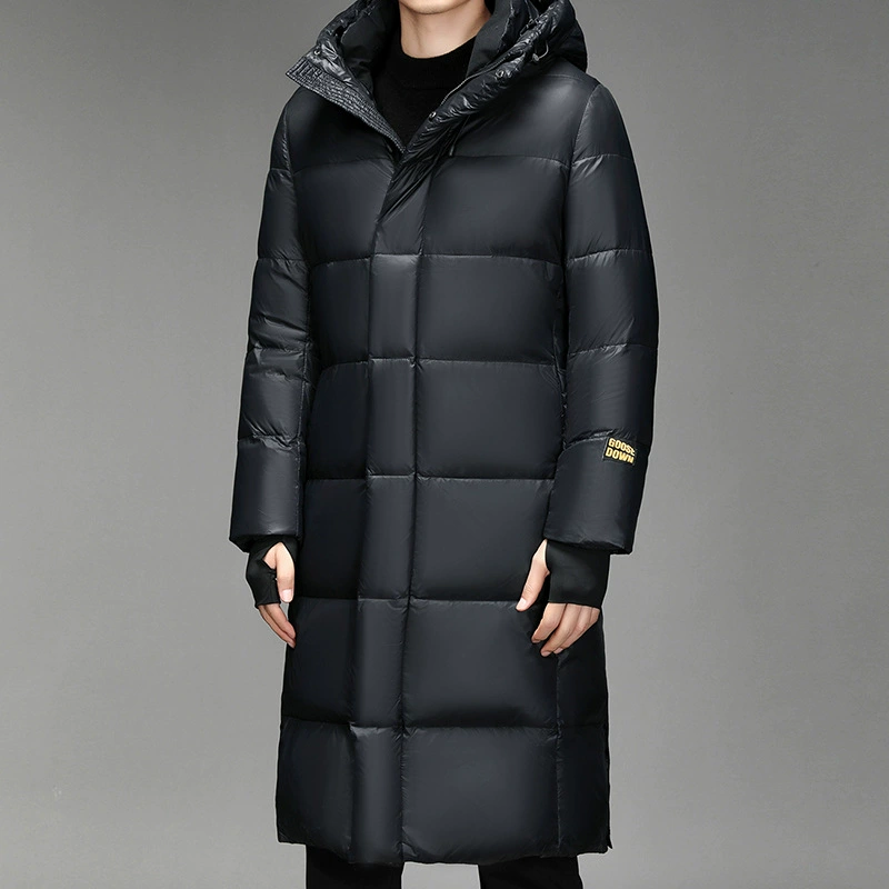 Длинный пуховик из черного золота с восемью сетками оптом до колен для мужчин и женщин с утолщенным белым гусиным пуховиком на флисовой подкладке