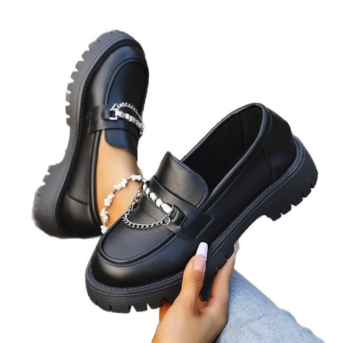 Black Loafers for Women 2025 Thick Sole Chain Single Shoes with Elegant British Style Small Leather Shoes