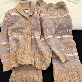 冬季简约复古条纹加绒加厚保暖睡衣女秋冬天大码女士家居服两件套