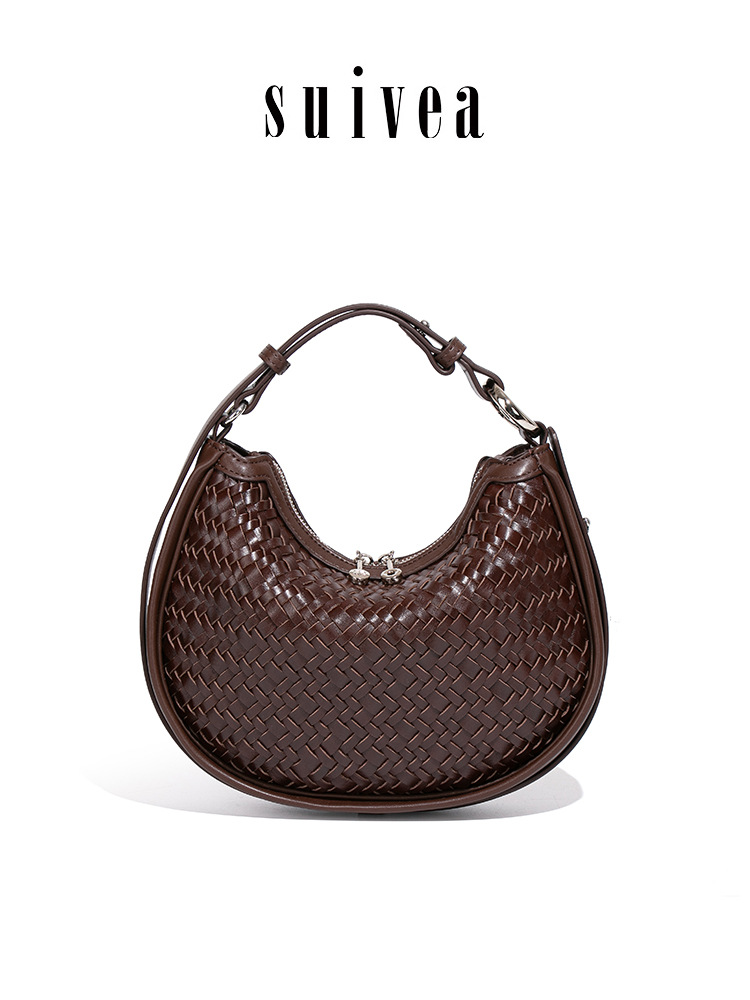 Bolso de Hombro de Media Luna Tejido de PU Estilo Retro Tejido a Mano para Uso Diario