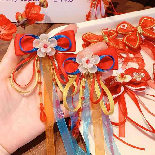 Children's New Year hairpin Chinese style red bow children's clip Hanfu headdress exquisite flower girls' hair accessories