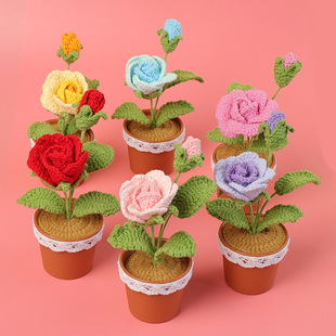Handmade Cross-Border Woven Rose Potted Finished Product Office Ornaments Decoration Valentine's Day Gift Rose Artificial Flower