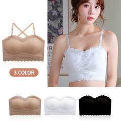 一字圍荷葉裹胸女美背胸墊聚攏防走光抹胸條紋文胸蕾絲內衣亞馬遜