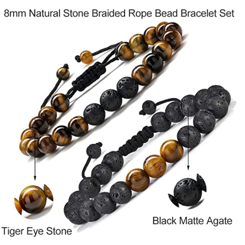 2 pièces œil de tigre cadeau pour hommes 8mm pierre de lave Agate noire Bracelet tissé bijoux faits à la main_voghion.com