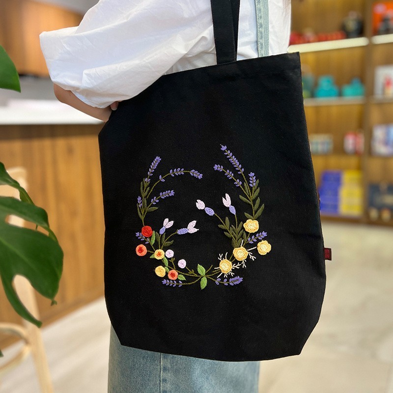 Hecho a mano DIY cinta bordada bolsa de lona Lu bordado solo hombro bolso tridimensional bordado flor lienzo mujer bolsa grande
