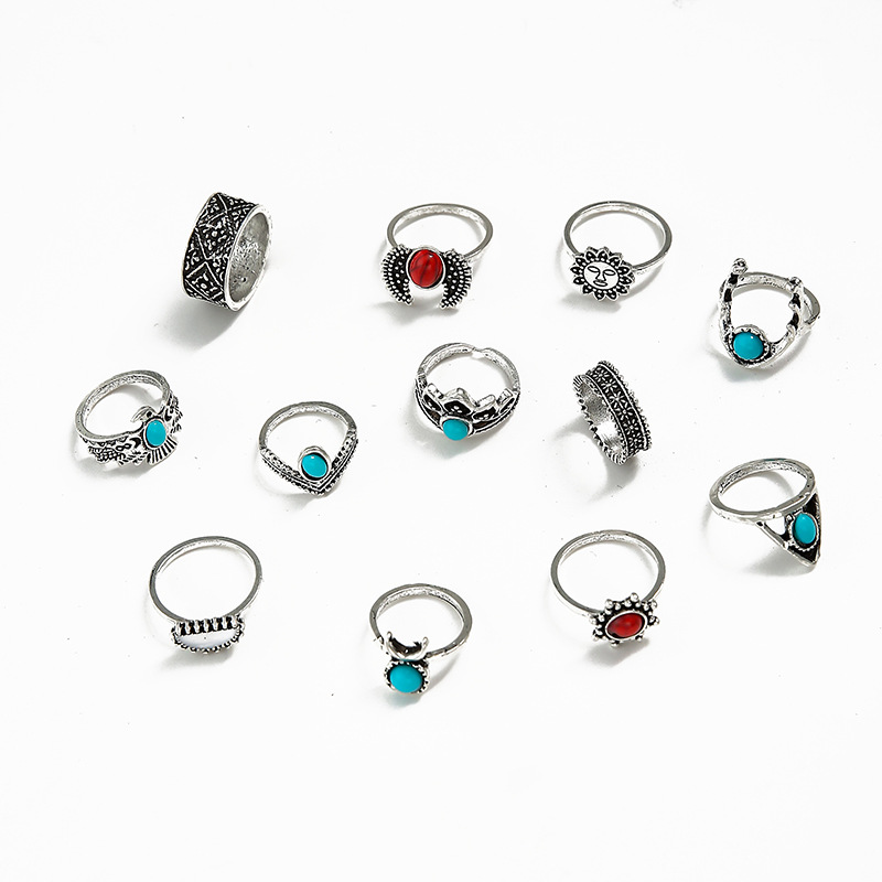 Wholesale Jewelry Red Crescent Wings Turquoise Ring 12-piece Set Nihaojewelry display picture 6
