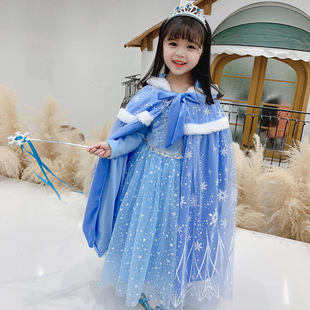Girls Elsa Princess Velvet Thickened Cloak Cloak Frozen Cloak Shawl Girls Autumn and Winter Lace up Waistcoat