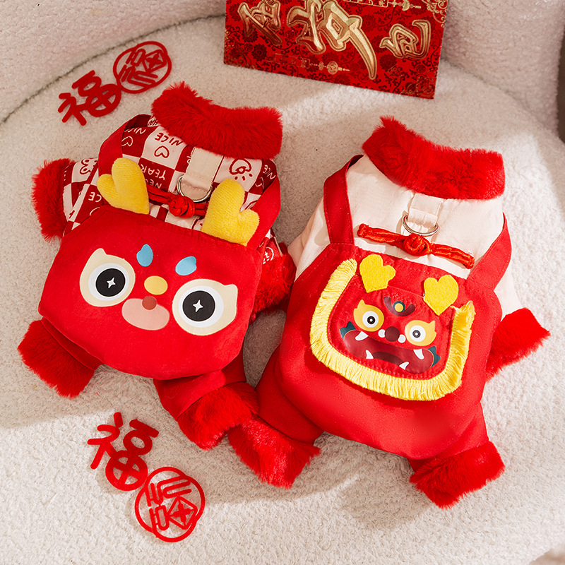 Otoño y invierno perros gruesos cinturones calientes despertar leones de Año Nuevo ropa de algodón de cuatro patas gato Tang vestido festivo ropa de perro mascota