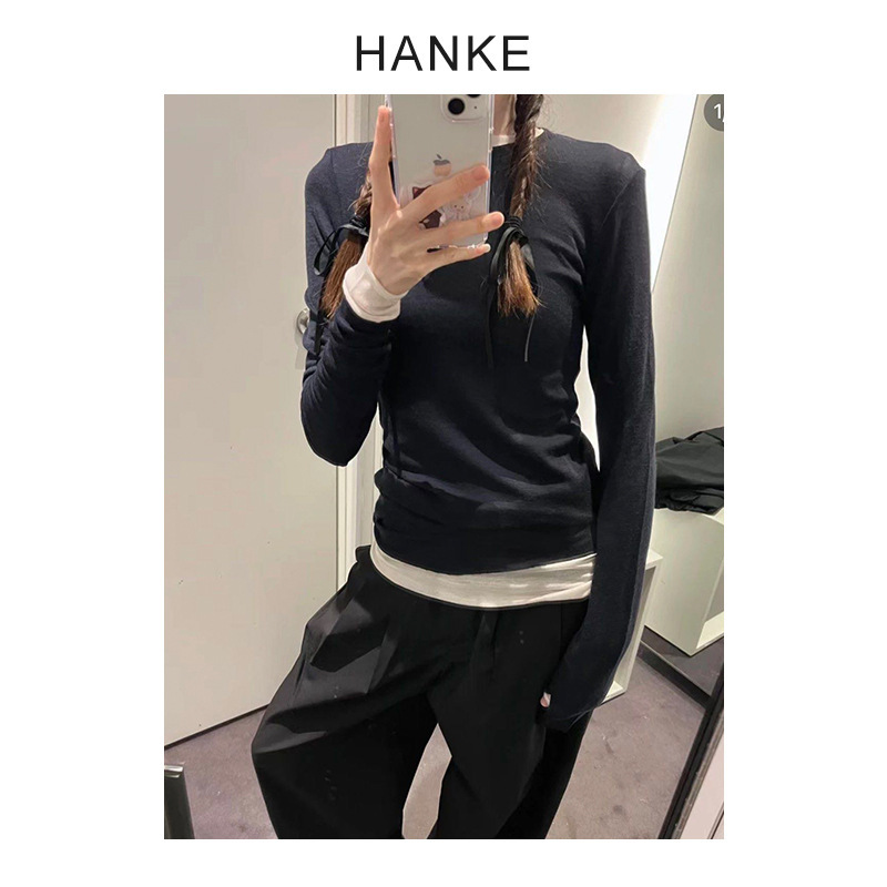 Hanke Autumn and Winter Clothes Bottoming Women's Tops with Women's T-Shirts Basic Layering Tr Tencel Cardigan T-Shirts