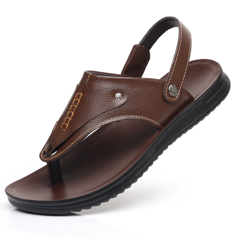 Dép sandal nam da bò lớp đầu xỏ ngón, đế cao 1 cm chống trượt đi biển — Màu nâu, màu vàng, màu đen
