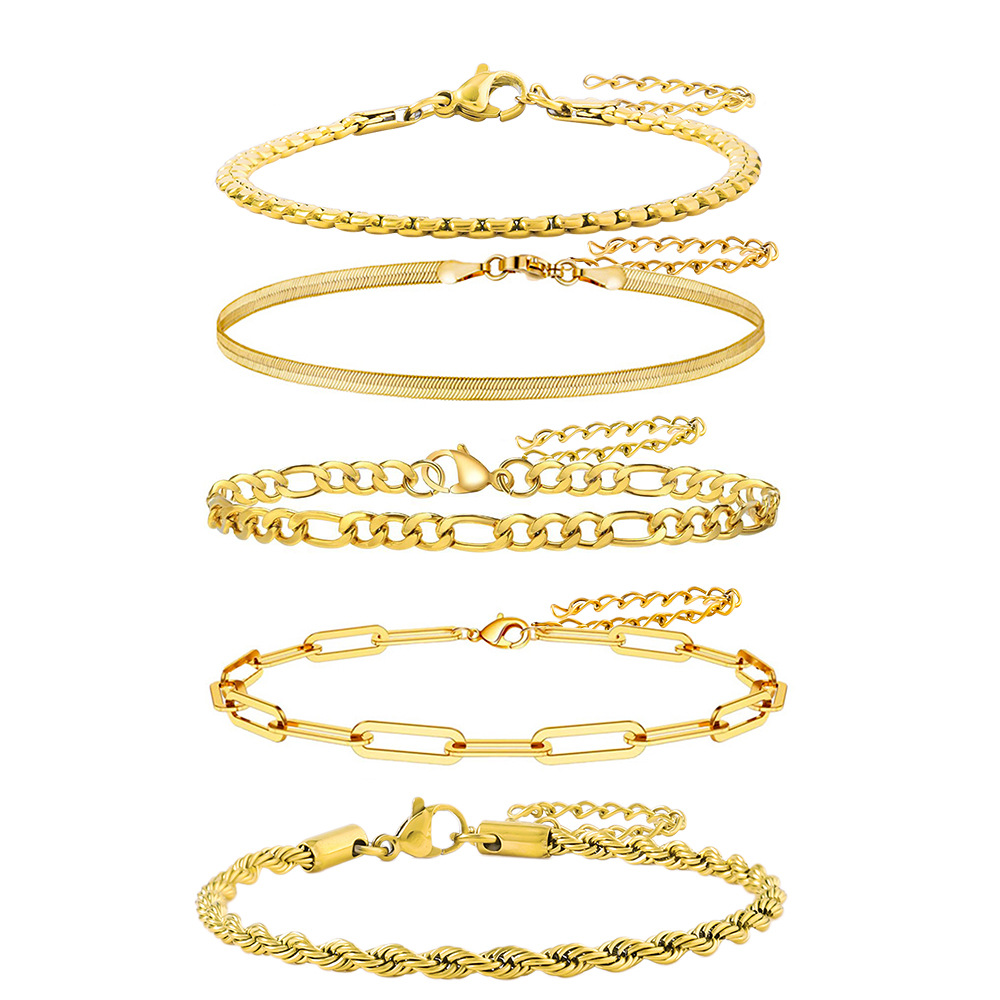 10g Weight PVD Coated Gold Plating Process Real Gold Plated Plating Material Bracelets, Chain Bracelet Classification 304 Stainless Steel Chain Material Twisted Rope Chain, snake chain Chain Type 1 Piece Quantity Daily Occasion 304 Stainless Steel Material Solid Color Pattern All Seasons Season Women's Gender Plating Design Simple Style Style Simple Style Solid Color 304 Stainless Steel 18K Gold Plated Twisted Rope Chain Snake Chain Bracelets Chain Bracelet In Bulk 无