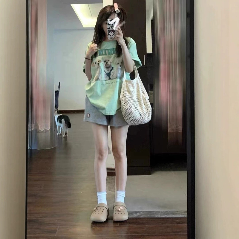 Trendy Casual Sportswear Set for Women, Summer Student Loose Fit Slimming Lazy Style Short-Sleeve Shorts Two-Piece Set