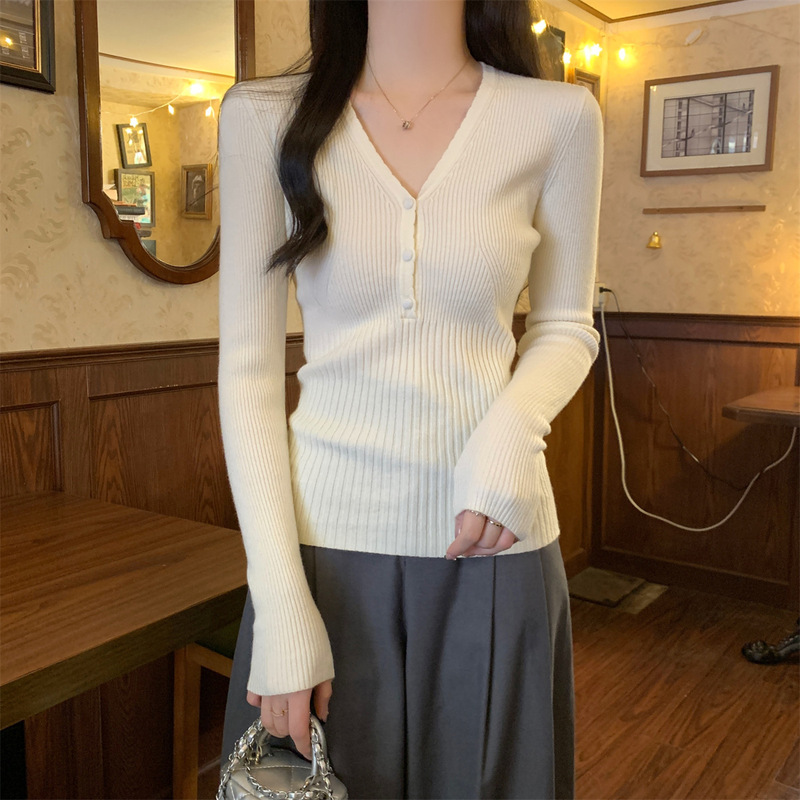 打底衫女2025新款春秋V领修身长袖内搭高级感针织衫毛衣低领上衣|undefined