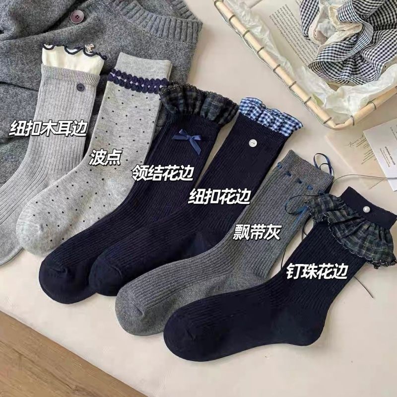 格子花边袜百搭中筒袜秋冬季款可爱miu系芭蕾风皮鞋日系少女长袜