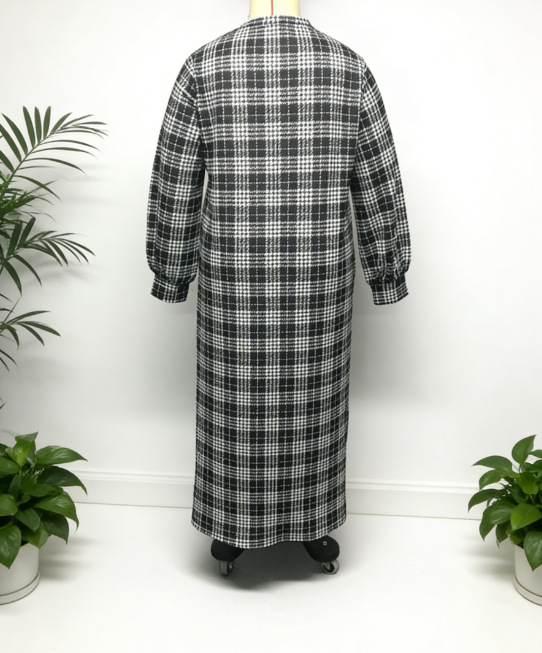Cross-border Middle Eastern Muslim Women's Black And White Plaid Robe, Loose Plus-size Round-neck Long Dress Abaya_ecoleips.com
