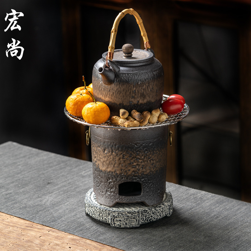 Retro Japanese-Style Coarse Pottery Tea Brewing Stove with Charcoal Stove for Outdoor Use, Black Tea Brewing Stove, Water Boiling Stove for Office and Home Use